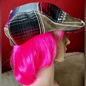 Y2K VTG Plaid & Leather Patchwork Flat Cap NWOT